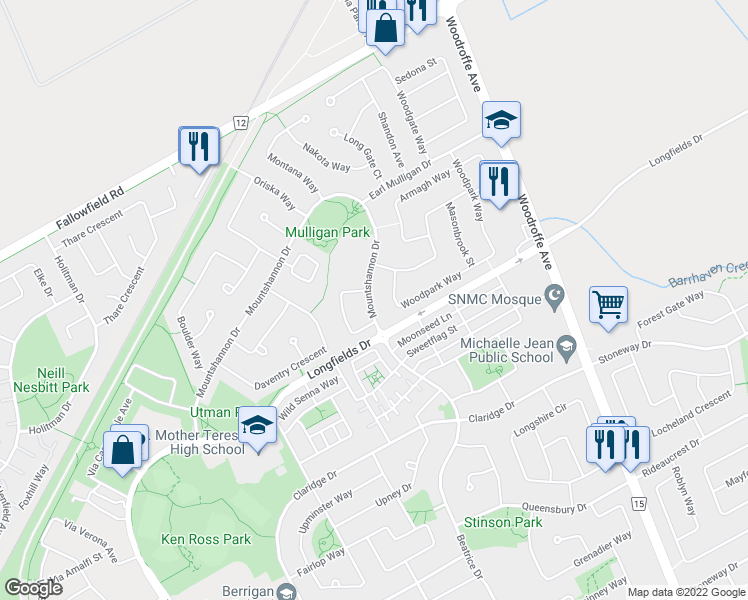 map of restaurants, bars, coffee shops, grocery stores, and more near 31 Mountshannon Drive in Ottawa