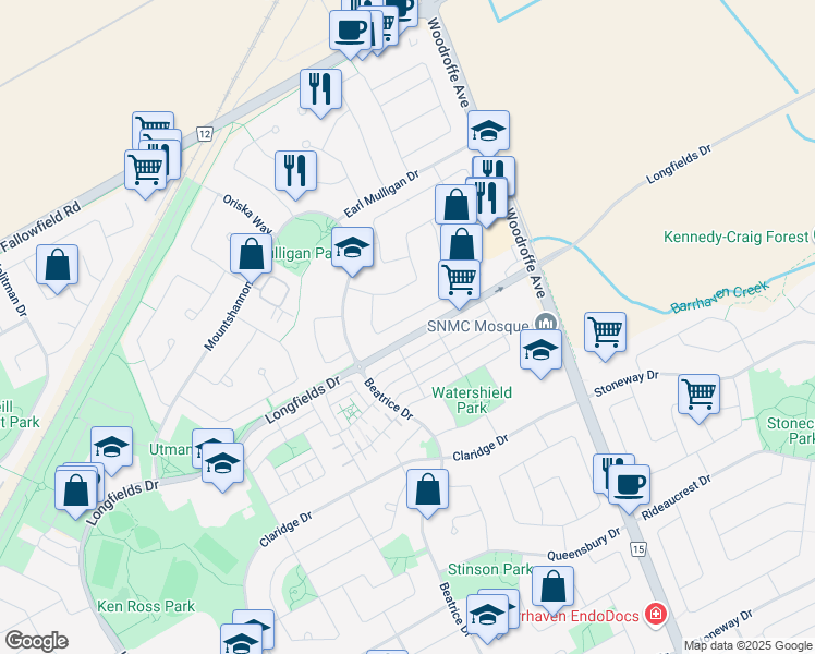 map of restaurants, bars, coffee shops, grocery stores, and more near 76 Woodpark Way in Ottawa