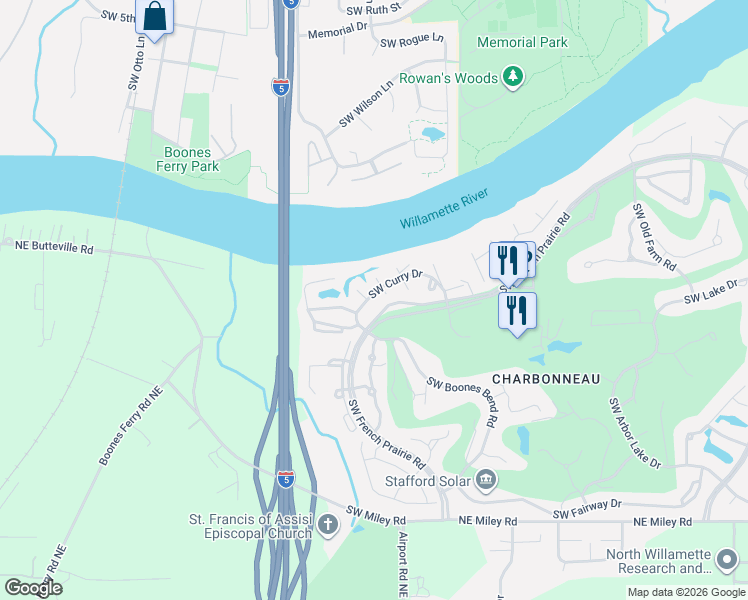 map of restaurants, bars, coffee shops, grocery stores, and more near 8700 Southwest Curry Drive in Wilsonville
