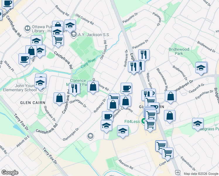 map of restaurants, bars, coffee shops, grocery stores, and more near 226 Old Colony Road in Ottawa