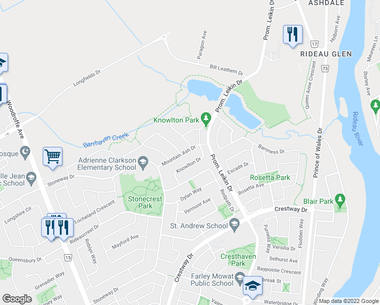 map of restaurants, bars, coffee shops, grocery stores, and more near 40 Mountain Ash Drive in Ottawa