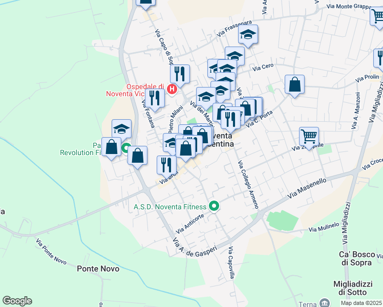 map of restaurants, bars, coffee shops, grocery stores, and more near 119 Via Giacomo Matteotti in Noventa Vicentina
