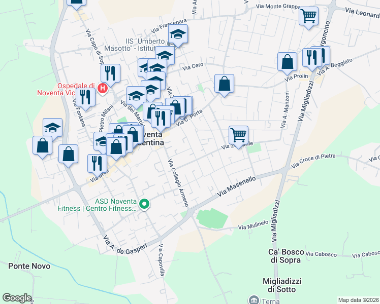 map of restaurants, bars, coffee shops, grocery stores, and more near 16 Via Trieste in Noventa Vicentina