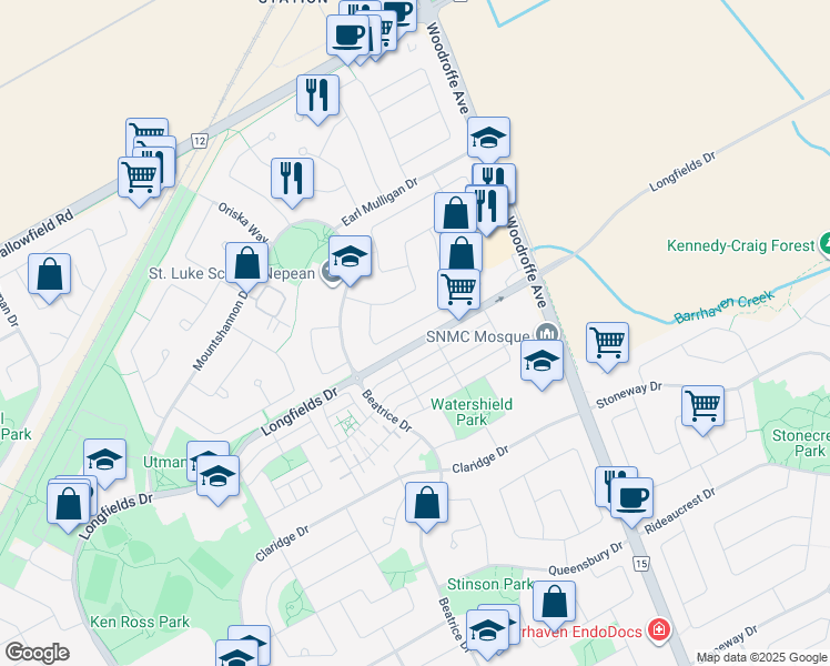 map of restaurants, bars, coffee shops, grocery stores, and more near 76 Woodpark Way in Ottawa