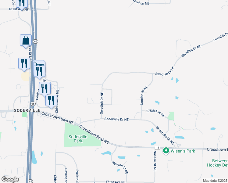 map of restaurants, bars, coffee shops, grocery stores, and more near 17565 Isanti Street Northeast in Ham Lake