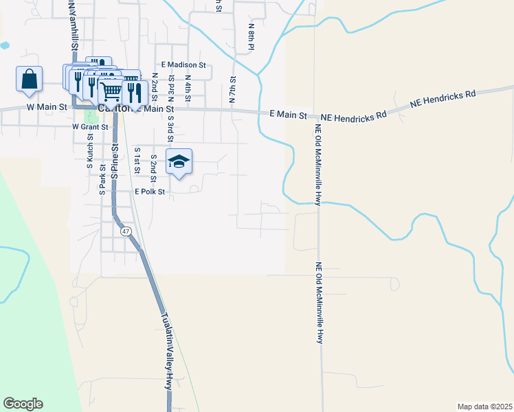 map of restaurants, bars, coffee shops, grocery stores, and more near 10215 Northeast Old McMinnville Highway in Carlton