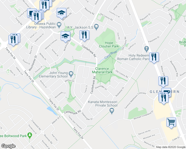 map of restaurants, bars, coffee shops, grocery stores, and more near 28 Binscarth Crescent in Ottawa