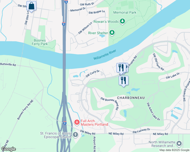 map of restaurants, bars, coffee shops, grocery stores, and more near 8540 Southwest Curry Drive in Wilsonville