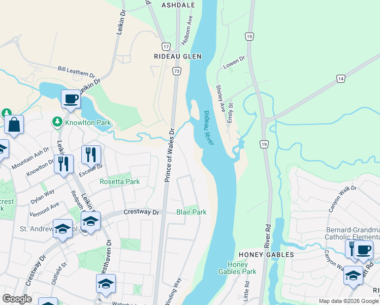 map of restaurants, bars, coffee shops, grocery stores, and more near 25 Winding Way in Ottawa