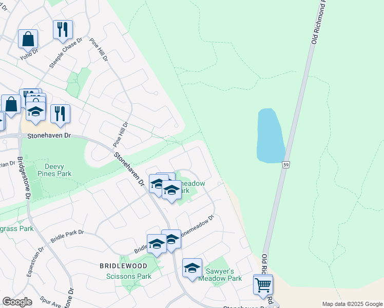 map of restaurants, bars, coffee shops, grocery stores, and more near 30 Redstone Lane in Ottawa