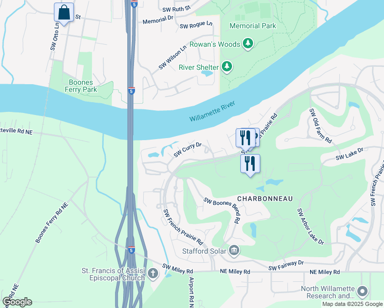 map of restaurants, bars, coffee shops, grocery stores, and more near 8540 Southwest Curry Drive in Wilsonville