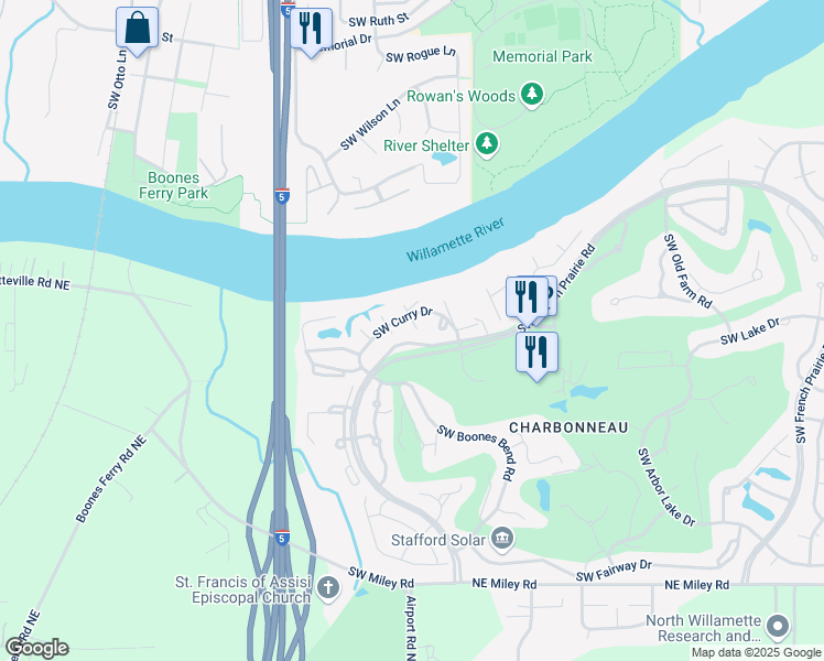map of restaurants, bars, coffee shops, grocery stores, and more near 8540 Southwest Curry Drive in Wilsonville