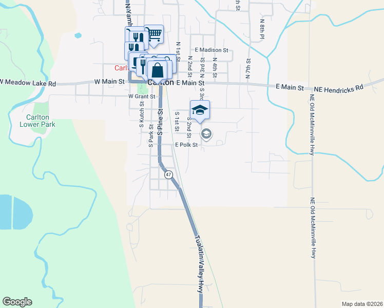 map of restaurants, bars, coffee shops, grocery stores, and more near 738 South 2nd Street in Carlton