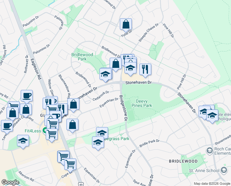 map of restaurants, bars, coffee shops, grocery stores, and more near 108 Cedarock Drive in Ottawa