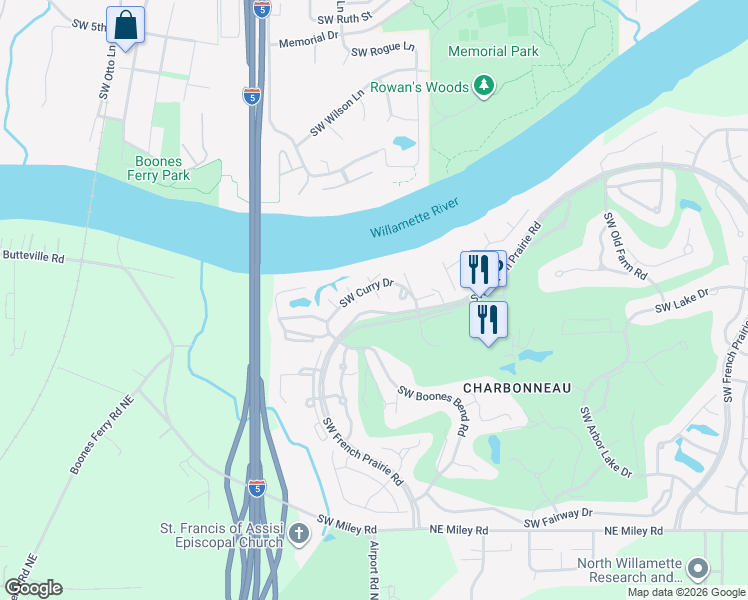 map of restaurants, bars, coffee shops, grocery stores, and more near 8610 Southwest Curry Drive in Wilsonville