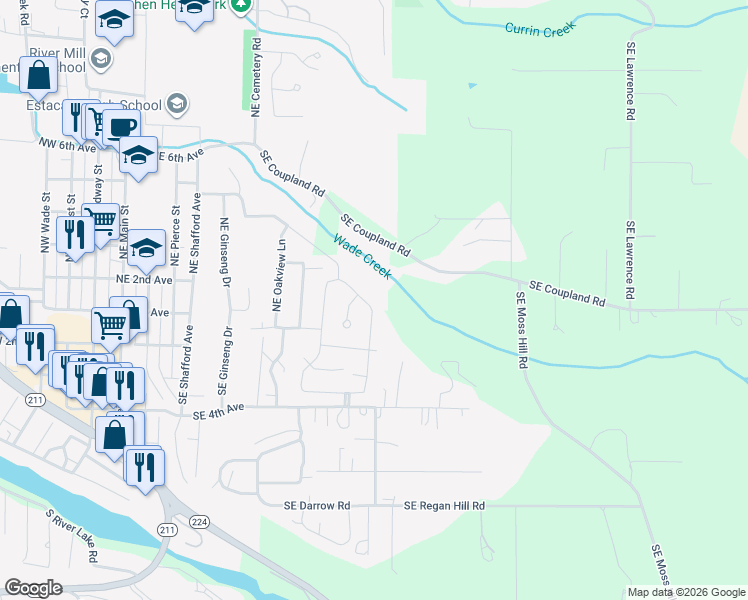 map of restaurants, bars, coffee shops, grocery stores, and more near 142 Northeast Overlook Court in Estacada