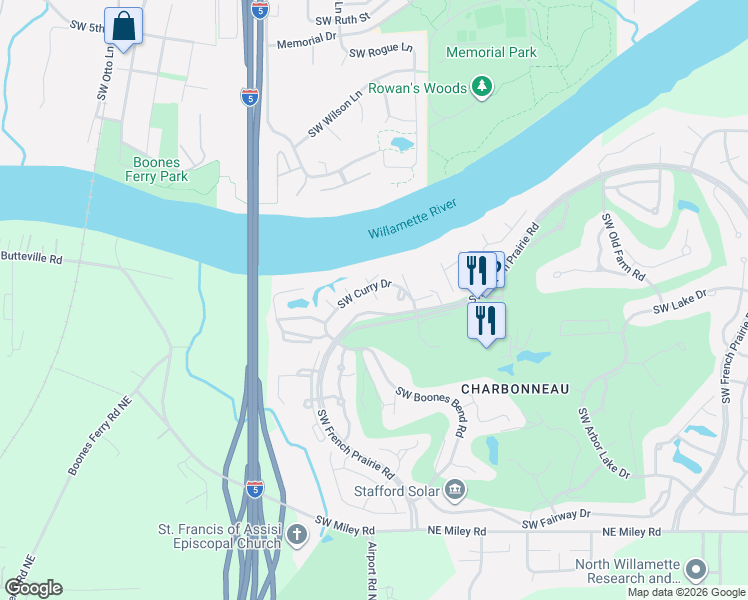 map of restaurants, bars, coffee shops, grocery stores, and more near 8610 Southwest Curry Drive in Wilsonville