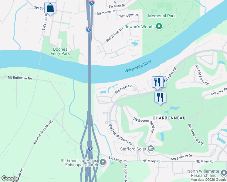 map of restaurants, bars, coffee shops, grocery stores, and more near 8720 Southwest Curry Drive in Wilsonville