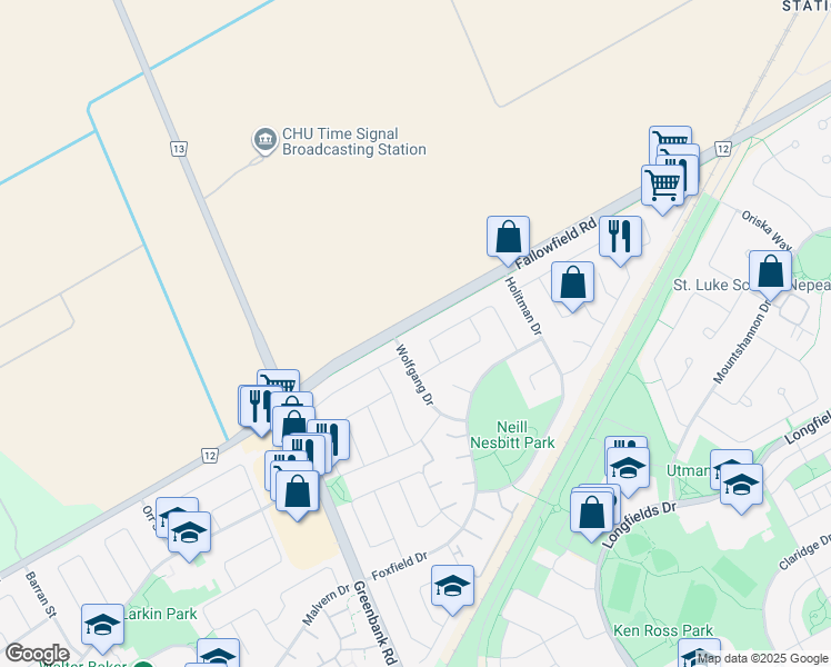 map of restaurants, bars, coffee shops, grocery stores, and more near 3684 Fallowfield Road in Ottawa