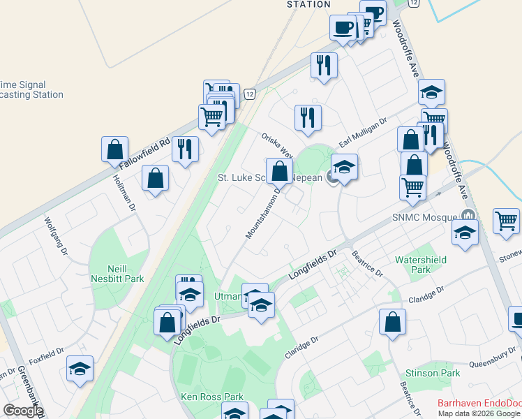 map of restaurants, bars, coffee shops, grocery stores, and more near 175 Mountshannon Drive in Ottawa