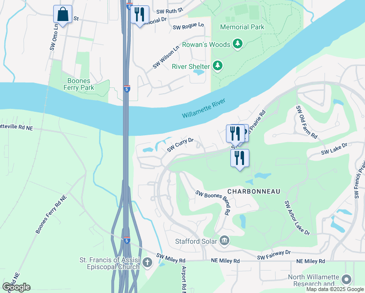 map of restaurants, bars, coffee shops, grocery stores, and more near 8610 Southwest Curry Drive in Wilsonville