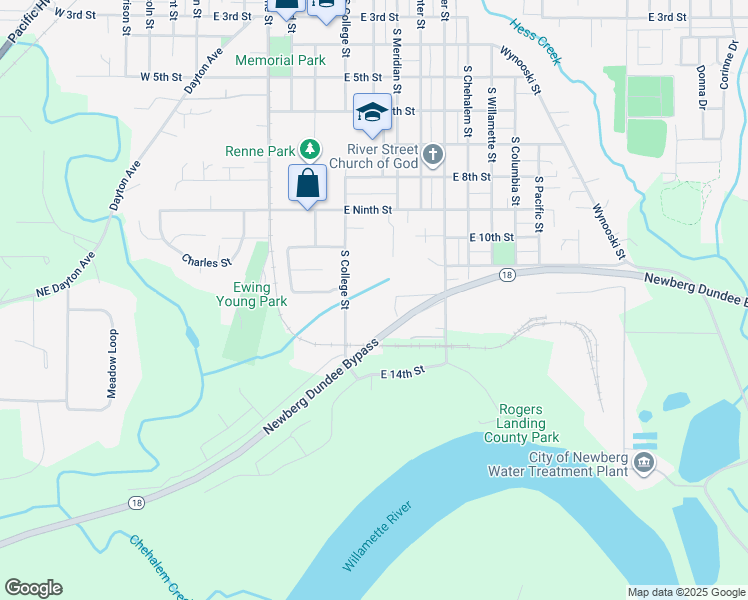 map of restaurants, bars, coffee shops, grocery stores, and more near 1210 South College Street in Newberg
