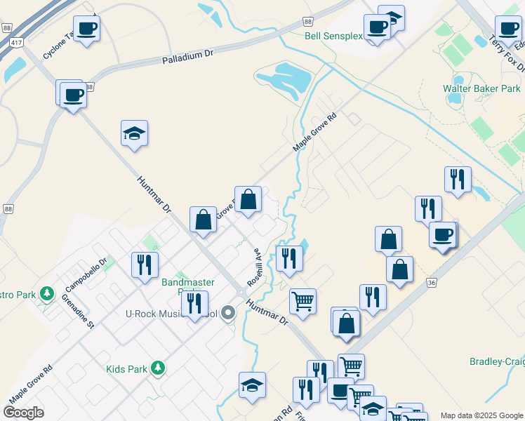 map of restaurants, bars, coffee shops, grocery stores, and more near 222 Helm Circle in Ottawa