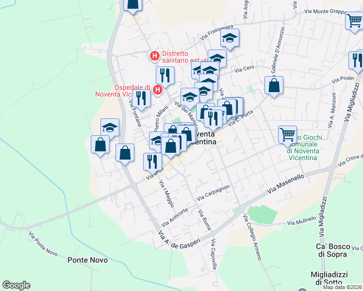 map of restaurants, bars, coffee shops, grocery stores, and more near 119 Via Giacomo Matteotti in Noventa Vicentina