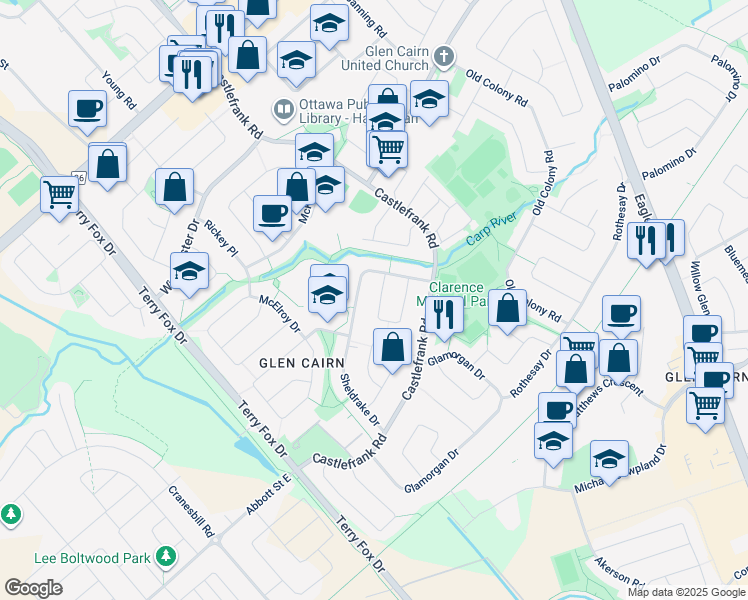map of restaurants, bars, coffee shops, grocery stores, and more near 50 Binscarth Crescent in Ottawa