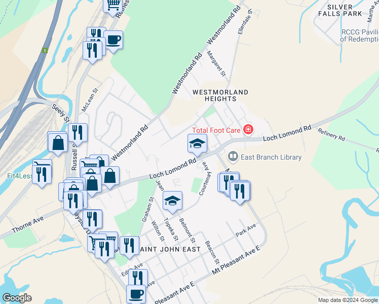 map of restaurants, bars, coffee shops, grocery stores, and more near 185 Loch Lomond Road in Saint John