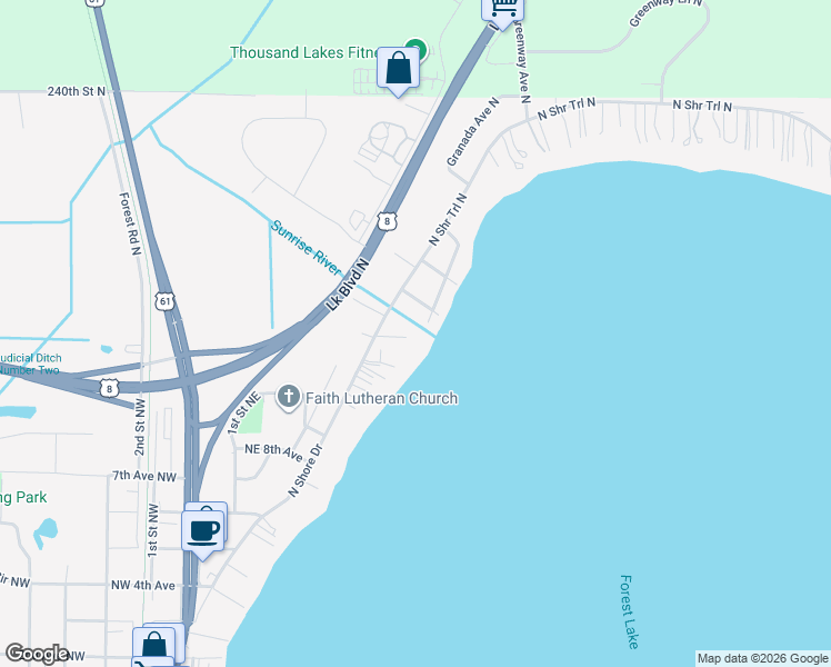 map of restaurants, bars, coffee shops, grocery stores, and more near 6497 236th Street Court North in Forest Lake