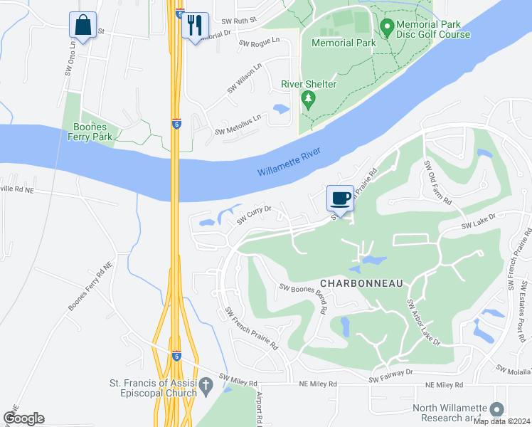 map of restaurants, bars, coffee shops, grocery stores, and more near 8535 Southwest Curry Drive in Wilsonville
