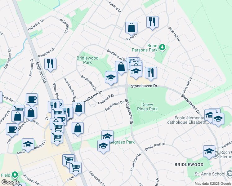 map of restaurants, bars, coffee shops, grocery stores, and more near 93 Cedarock Drive in Ottawa