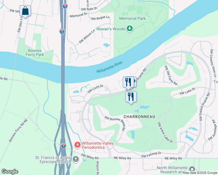 map of restaurants, bars, coffee shops, grocery stores, and more near 8425 Southwest Curry Drive in Wilsonville