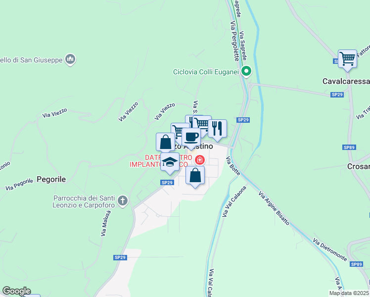 map of restaurants, bars, coffee shops, grocery stores, and more near 21 Piazza Vittorio Emanuele II in Lozzo Atestino