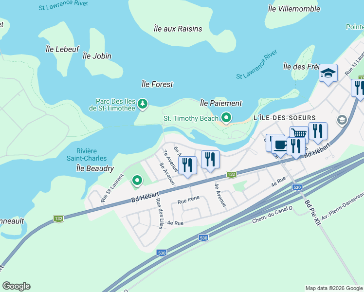 map of restaurants, bars, coffee shops, grocery stores, and more near 219 Rue Saint Laurent in Salaberry-de-Valleyfield