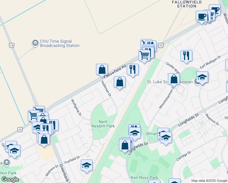 map of restaurants, bars, coffee shops, grocery stores, and more near 12 Mancil Drive in Ottawa