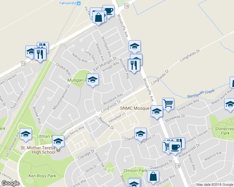 map of restaurants, bars, coffee shops, grocery stores, and more near 65 Woodpark Way in Ottawa