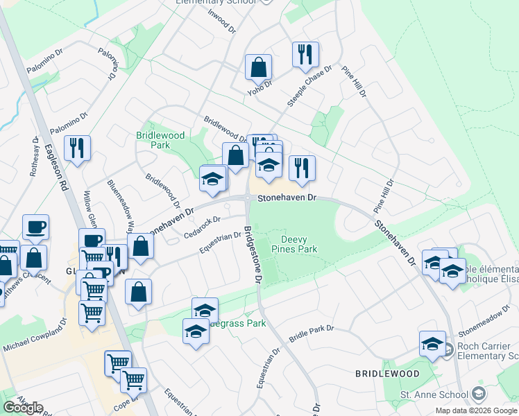 map of restaurants, bars, coffee shops, grocery stores, and more near 65 Stonehaven Drive in Ottawa