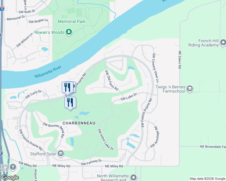 map of restaurants, bars, coffee shops, grocery stores, and more near 31650 Southwest Arbor Glen Loop in Wilsonville
