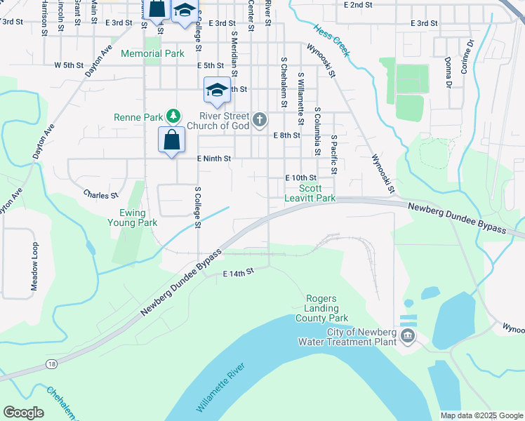 map of restaurants, bars, coffee shops, grocery stores, and more near 1101 South River Street in Newberg