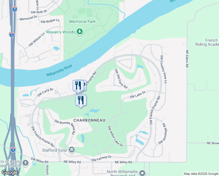 map of restaurants, bars, coffee shops, grocery stores, and more near 7610 Southwest Arbor Glen Court in Wilsonville