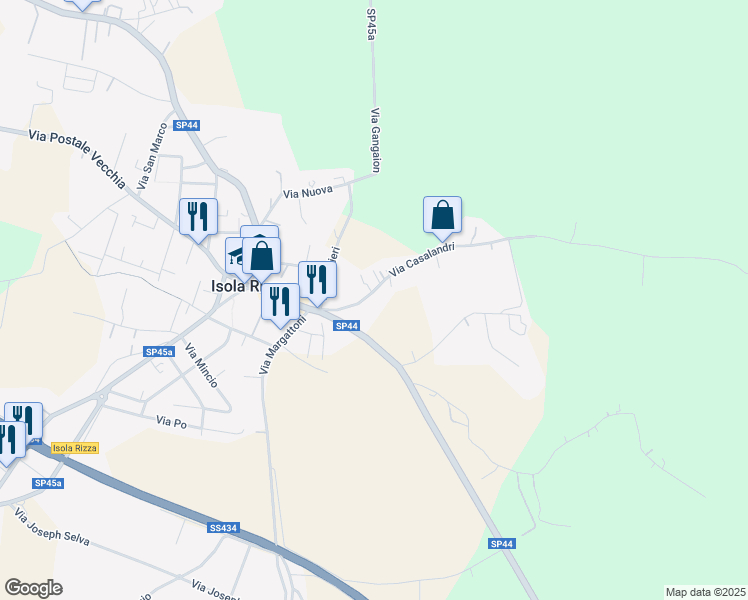 map of restaurants, bars, coffee shops, grocery stores, and more near 193 Via Casalandri in Isola Rizza