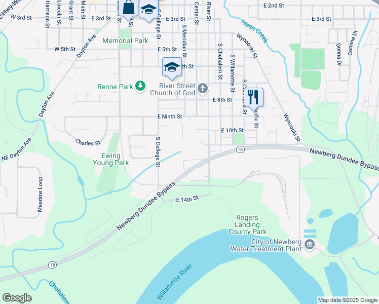 map of restaurants, bars, coffee shops, grocery stores, and more near 1004 East 11th Court in Newberg
