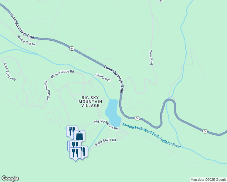 map of restaurants, bars, coffee shops, grocery stores, and more near 2-8 Sitting Bull Road in Big Sky