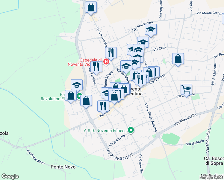 map of restaurants, bars, coffee shops, grocery stores, and more near 792 Via Masotto in Noventa Vicentina