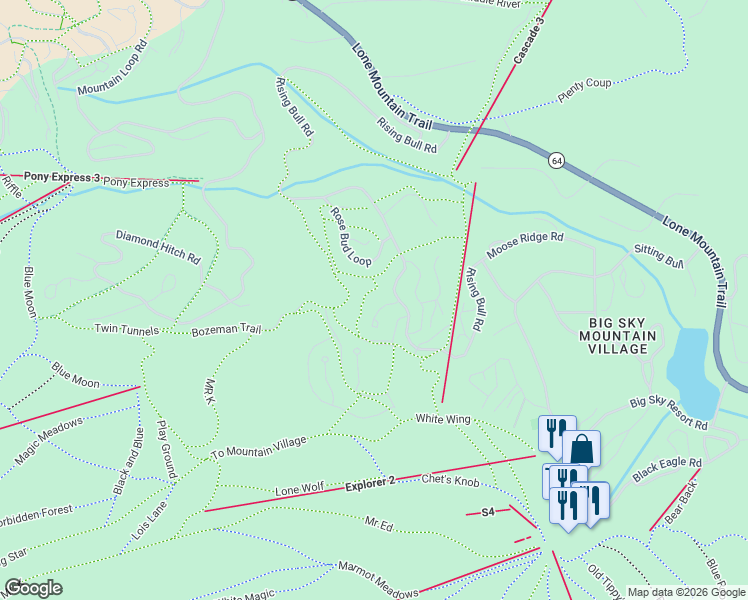 map of restaurants, bars, coffee shops, grocery stores, and more near 123 Rose Bud Loop in Big Sky