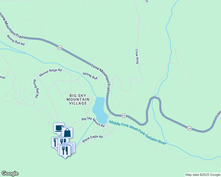 map of restaurants, bars, coffee shops, grocery stores, and more near Lone Mountain Trail in Gallatin Gateway