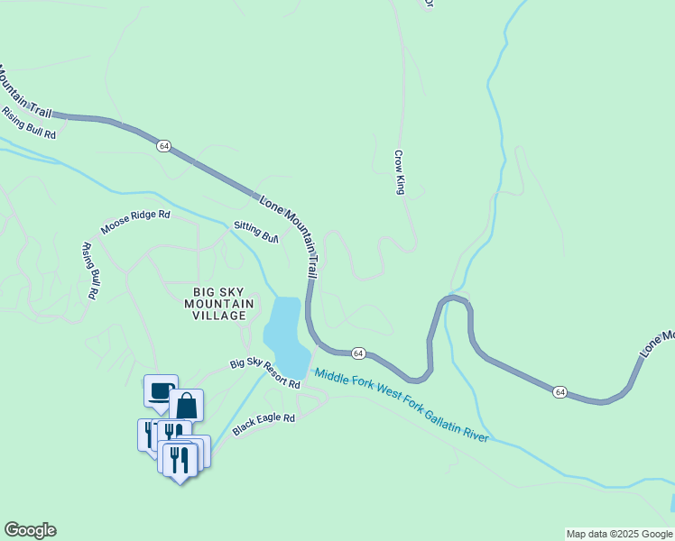 map of restaurants, bars, coffee shops, grocery stores, and more near 34 Summit View Drive in Big Sky