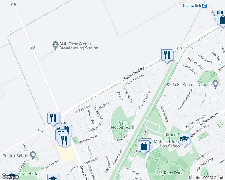 map of restaurants, bars, coffee shops, grocery stores, and more near 31 Elke Drive in Ottawa